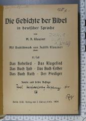 224.1 KLAU 1,3 (2/3) : Die Gedichte der Bibel in deutscher Sprache (Mit Buchschmuck von Judith Klausner) (1904)