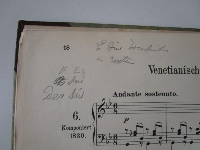 Va 622: Lieder ohne Worte für Pianoforte solo (o.J.);- (unbekannt), Von Hand: Annotation; 'C Dur [...] in Texten
B Es
[..] Dur
Des Dur'. 