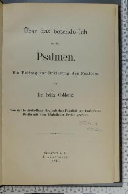224.1 COBL : Über das betende Ich in den Psalmen : Ein Beitrag zur Erklärung des Psalters (1897)