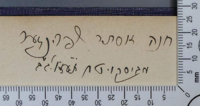 - (Springer, Hannah/Chana Esther), Von Hand: Exlibris, Name; 'חנה אסתר שפרינגער
[...]'. 