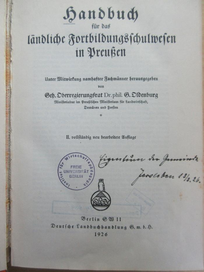 PE 0831 B/5 b/2 (ausgesondert) : Handbuch für das ländliche Fortbildungschulwesen in Preußen (1926)