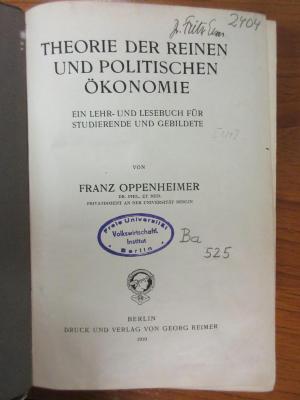 Ba 525 : Theorie der reinen und politischen Ökonomie : Ein Lehr- und Lesebuch für Studierende und Gebildete (1910)