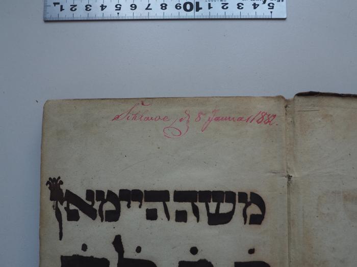 - (Heimann, Moses), Von Hand: Ortsangabe, Datum; 'Schlawe, d. 8 Januar 1882.'. 