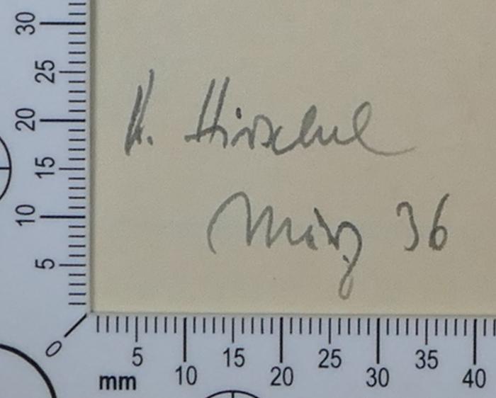 - (Hirschel, K. [?]), Von Hand: Exlibris, Name; 'K. [?] Hirschel
März 36'. 
