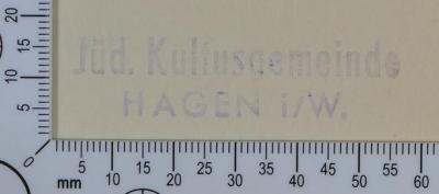 - (Jüdische Kultusgemeinde Hagen i/W.), Stempel: Exlibris; 'Jüd. Kultusgemeinde
HAGEN i/W.'.  (Prototyp)
