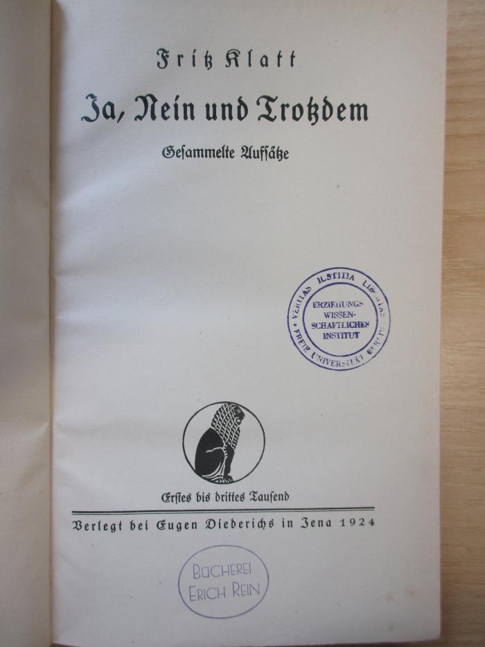 PB 0576 Z/104 /2 (ausges.) : Ja, nein und trotzdem ; gesammelte Aufsätze (1924)