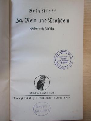 PB 0576 Z/104 /2 (ausges.) : Ja, nein und trotzdem ; gesammelte Aufsätze (1924)