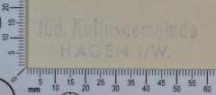 - (Jüdische Kultusgemeinde Hagen i/W.), Stempel: Exlibris; 'Jüd. Kultusgemeinde
HAGEN i/W.'.  (Prototyp)