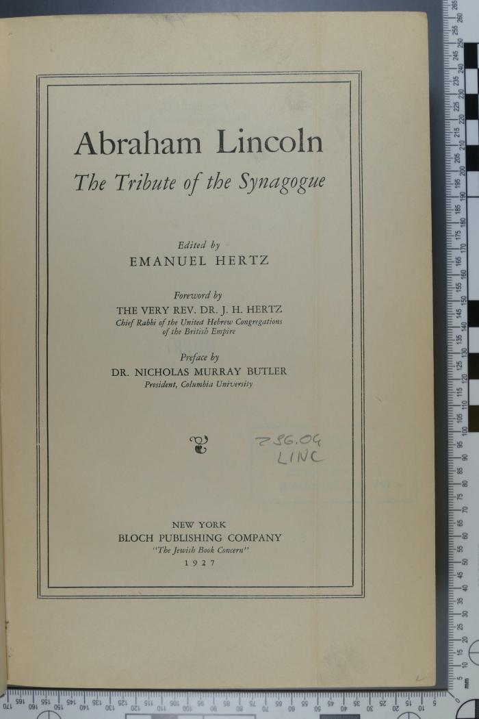 296.04 LINC : Abraham Lincoln : the tribute of the synagoge  (1927)