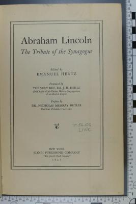 296.04 LINC : Abraham Lincoln : the tribute of the synagoge  (1927)