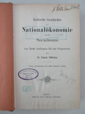 98/2022/41018 : Kritische Geschichte der Nationalökonomie und des Socialismus von ihren Anfängen bis zur Gegenwart. (1899)