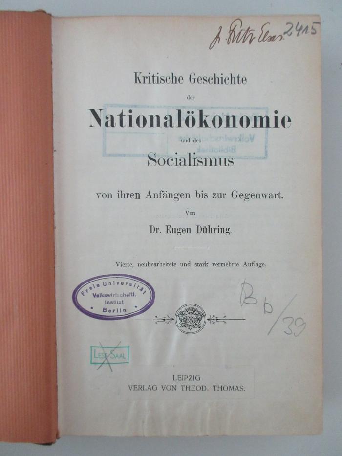 98/2022/41018 : Kritische Geschichte der Nationalökonomie und des Socialismus von ihren Anfängen bis zur Gegenwart. (1899)
