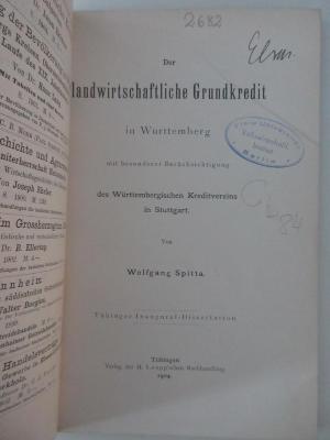 98/2021/41045 : Der landwirtschaftliche Grundkredit in Württemberg mit besonderer Berücksichtigung des Württembergischen Kreditvereins Stuttgart. (1904)