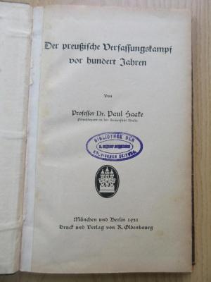 Bo 13 : Der preußische Verfassungskampf vor hundert Jahren (1921)