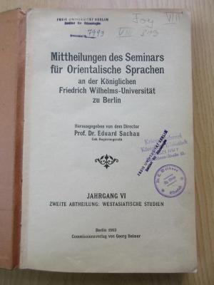 VIII 319 : Westasiatische Studien (1903)