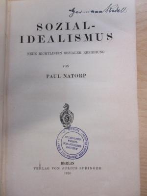 PB 0579 AZ/4 (ausgesondert) : Sozialidealismus ; neue Richtlinien sozialer Erziehung (1920)