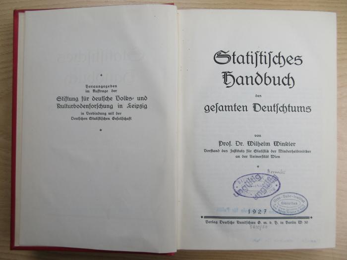 Bb 287 a : Statistisches Handbuch des gesamten Deutschtums (1927)