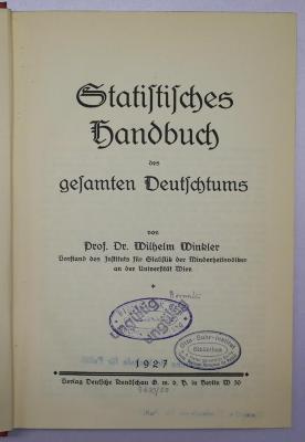 Bb 287 a : Statistisches Handbuch des gesamten Deutschtums (1927)