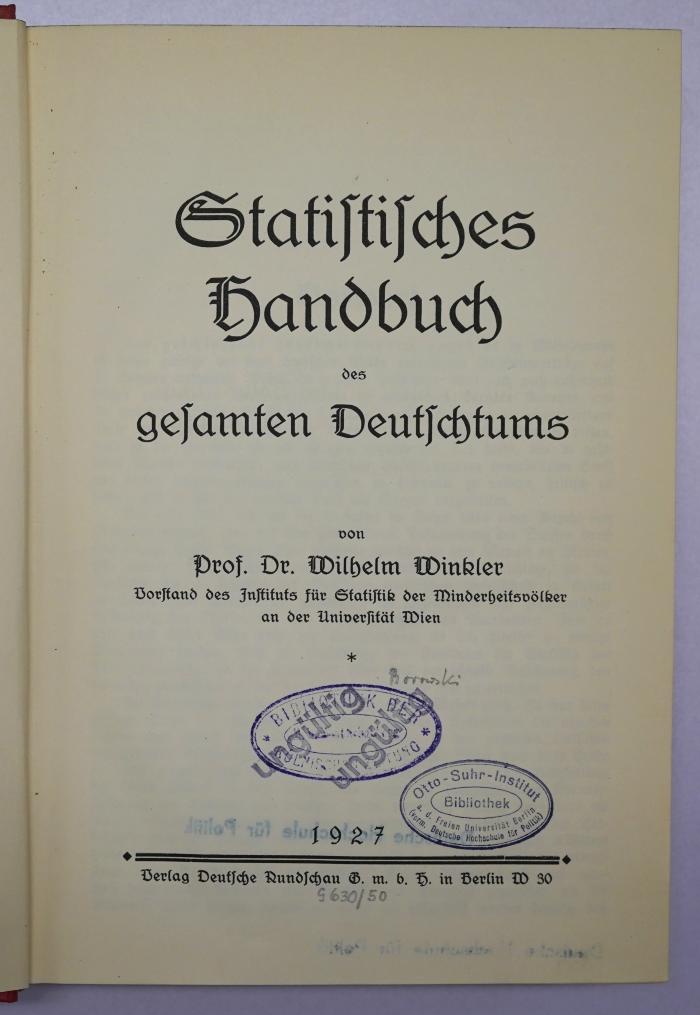 Bb 287 a : Statistisches Handbuch des gesamten Deutschtums (1927)