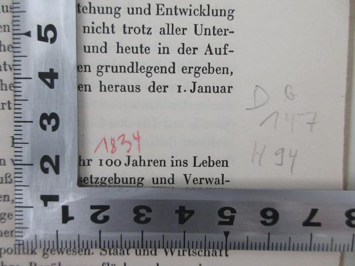 98/2021/41054 : Die Gegenwartsaufgaben deutscher Handelspolitik und der Deutsche Zollverein (1934);-, Von Hand: Nummer; '1834 DG 147 H94'