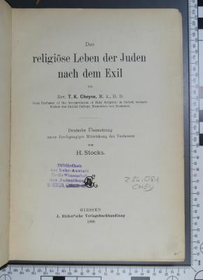 296.081 CHEY;Gb 99 ; ;: Das religioese Leben der Juden nach dem Exil  (1899)