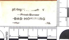 - ([?], Hermann), Etikett: Name, Ortsangabe, Berufsangabe/Titel/Branche; 'Dipl.-Ing. Hermann[?] [...] Privat Bureau [...] Bad Homburg [...]the[...] 69'. 