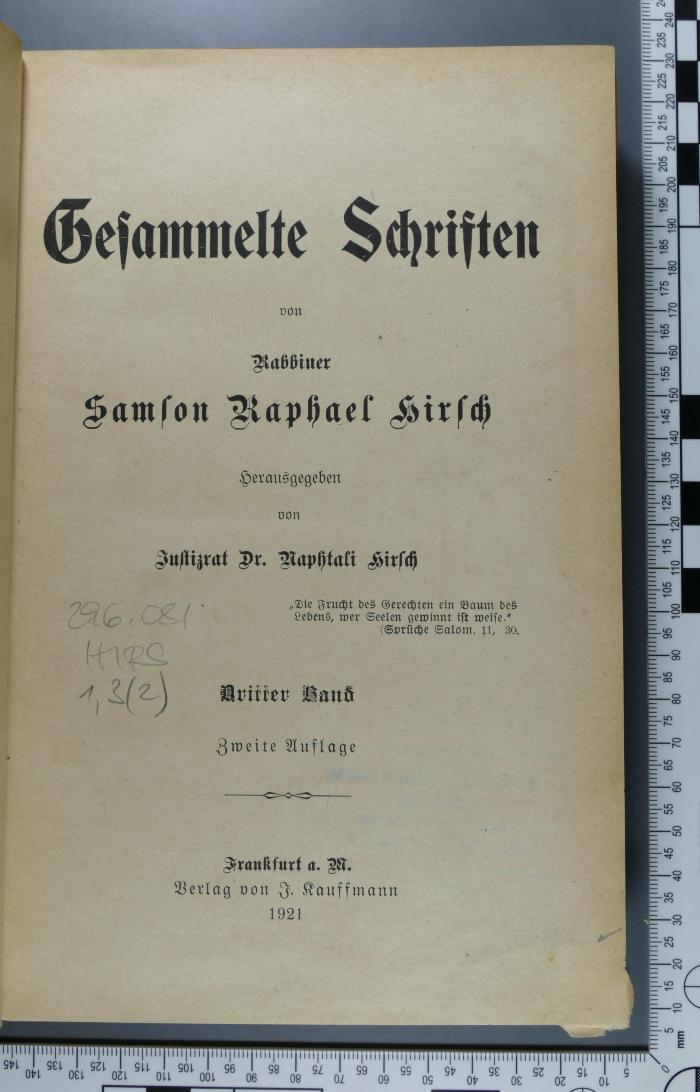 296.081 HIRS 1,3 (2) : Gesammelte Schriften von Rabbiner Samson Raphael Hirsch (1921)