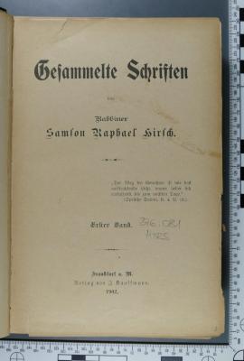 296.081 HIRS : Gesammelte Schriften von Rabbiner Samson Raphael Hirsch (1902)