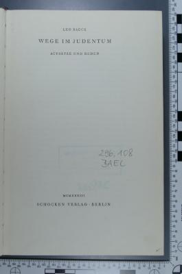 296.108 BAEC : Wege im Judentum : Aufsätze und Reden  (1933)