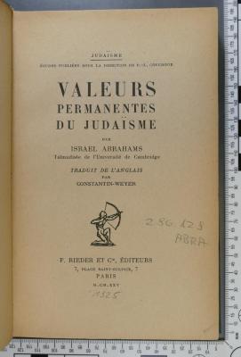 296.129 ABRA : Valeurs permanentes du Judai͏̈sme  (1925)