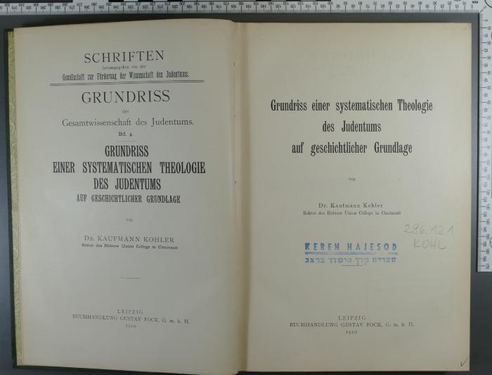 296.121 KOHL : Grundriss einer systematischen Theologie des Judentums auf geschichtlicher Grundlage  (1910)