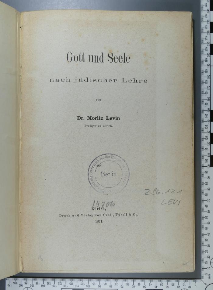 296.121 LEVI;Je 75 [?] ; ;: Gott und Seele nach jüdischer Lehre  (1871)