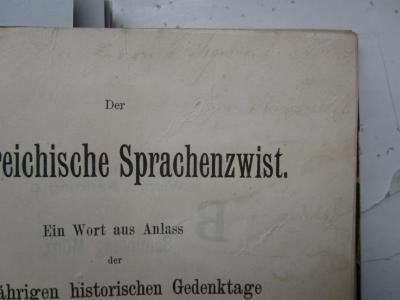  Geschichte Österreichs von 1848-1890 : Skizze mit besonderer Berücksichtigung der Verfassungsentwickelung (1891);- (Münz, Sigmund;Fischhof, Adolf), Von Hand: Widmung, Name; 'Dem Herrn Dr. Sigmund Münz [...] [Fischhof]'. 