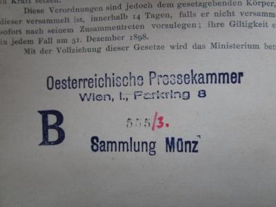  Geschichte Österreichs von 1848-1890 : Skizze mit besonderer Berücksichtigung der Verfassungsentwickelung (1891);- (Österreichische Pressekammer;Münz, Sigmund), Stempel: Exemplarnummer; '555'. 