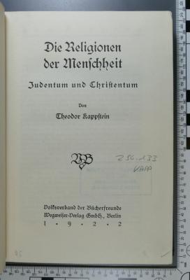 296.133 KAPP : Die Religionen der Menschheit. [2], Judentum und Christentum  (1922)