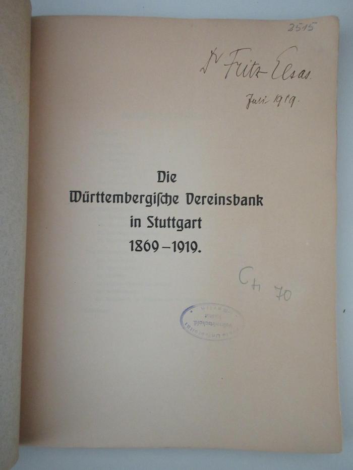 94/2021/46019 : Die Württembergische Vereinsbank in Stuttgart 1869 - 1919. (1919)