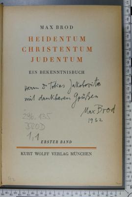 296.135 BROD 1,1 : Heidentum, Christentum, Judentum : Ein Bekenntnnisbuch (1922)