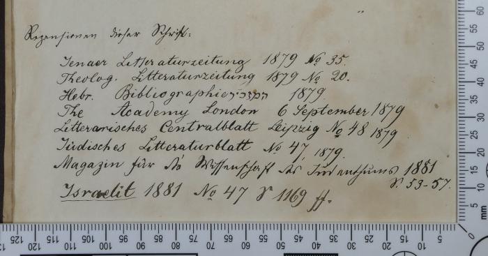 -, Von Hand: Notiz; 'Rezensionen dieser Schrift:
[es folgt eine Auflistung von 8 Quellen]'