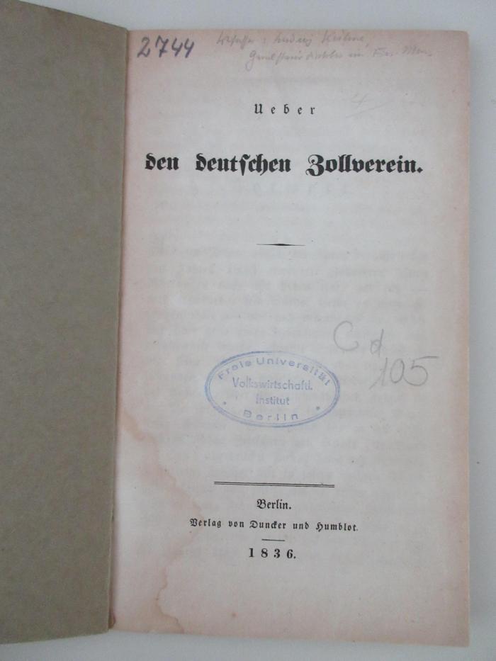 98/2022/41020 : Ueber den deutschen Zollverein. (1836)