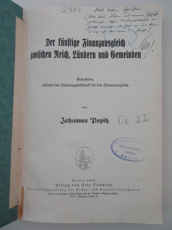 4 X 1963&lt; a &gt; : Der künftige Finanzausgleich zwischen Reich, Ländern und Gemeinden : Gutachten, erstattet der Studiengesellschaft für den Finanzausgleich (1932)