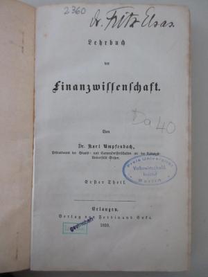 98/2021/41038-1/2 : Lehrbuch der Finanzwissenschaft. Erster Theil (1859)