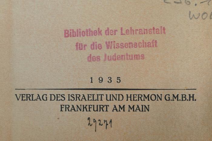 - (Hochschule für die Wissenschaft des Judentums), Von Hand: Inventar-/ Zugangsnummer; '29271'. 