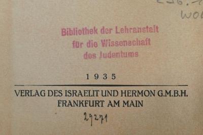 - (Hochschule für die Wissenschaft des Judentums), Von Hand: Inventar-/ Zugangsnummer; '29271'. 