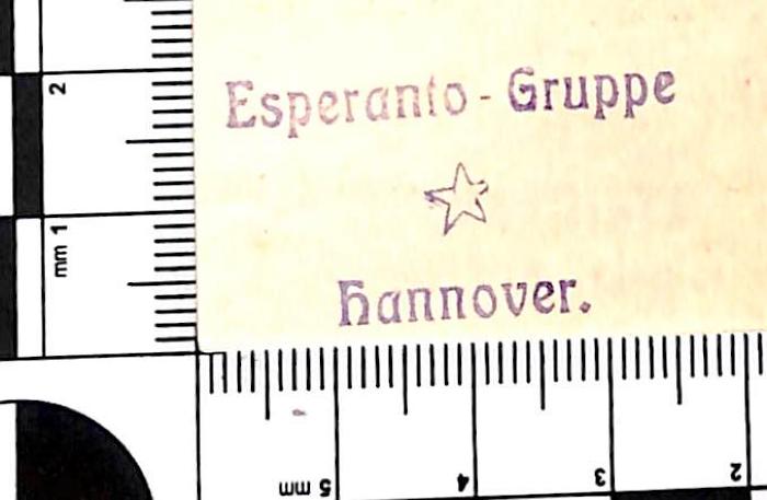 - (Esperanto-Gruppe Hannover), Stempel: Name, Ortsangabe, Abbildung; 'Esperanto-Gruppe Hannover.'. 