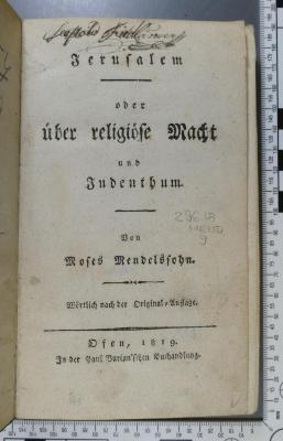 296.18 MEND 9 : Jerusalem oder über religiöse Macht und Judentum  (1819)