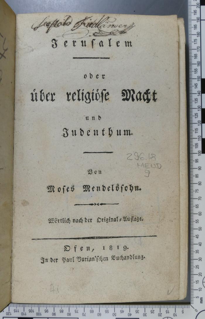 296.18 MEND 9 : Jerusalem oder über religiöse Macht und Judentum  (1819)