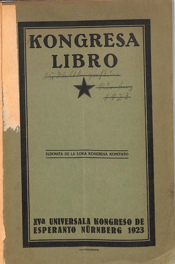 Zs 23321 : 1923; ; ;: Kongresa libro: XV. Universala Kongreso de Esperanto Nürnberg 1923. (um 1924)