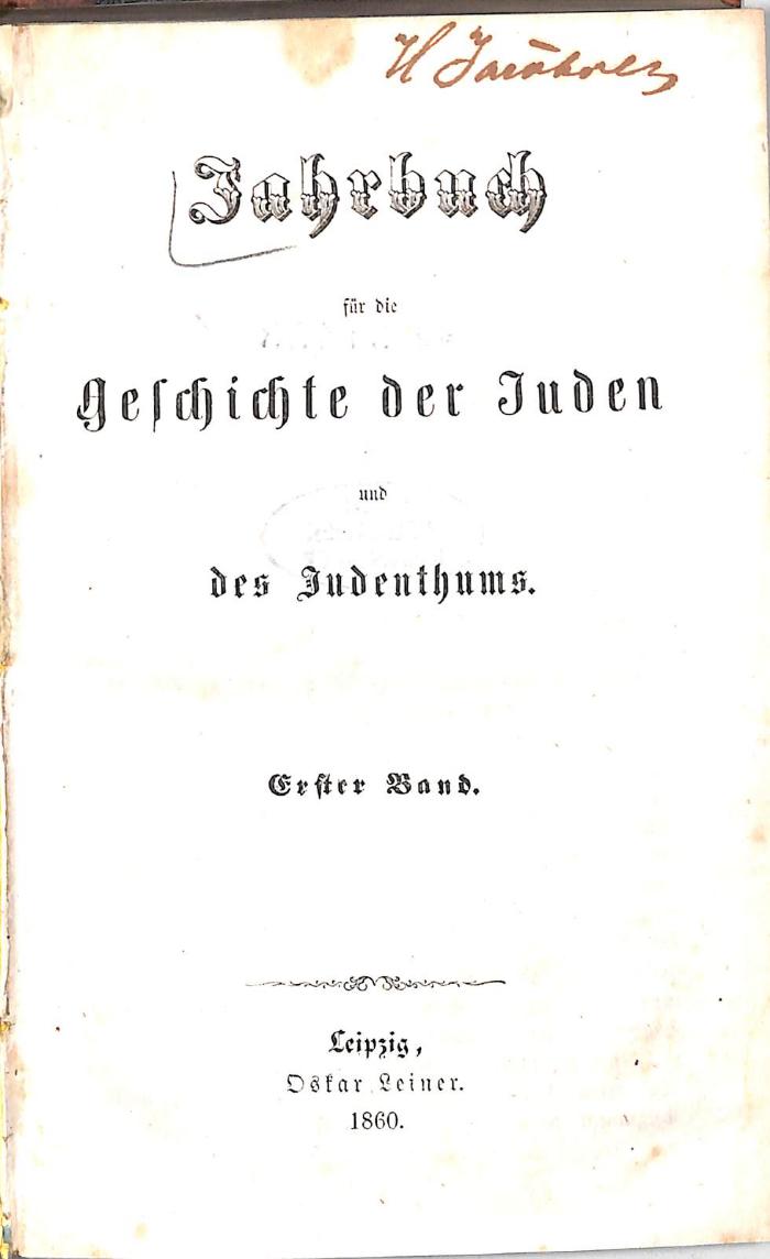 Gesch 829/53 : 1 : Jahrbuch für die Geschichte der Juden und des Judenthums. (1860)