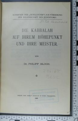 296.65 BLOC : Die Kabbalah auf ihrem Höhepunkt und ihre Meister  (1905)