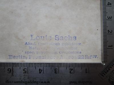  Populäre wissenschaftliche Vorträge (1865);- (Sachs, Louis), Stempel: Name, Berufsangabe/Titel/Branche, Ortsangabe; 'Louis Sachs Akad. theoretisch gebildeter Natur- u. Seelenforscher spec. psycholog. Graphologe Berlin, Prenzlauer Allee 222 Hof IV"'.  (Prototyp)